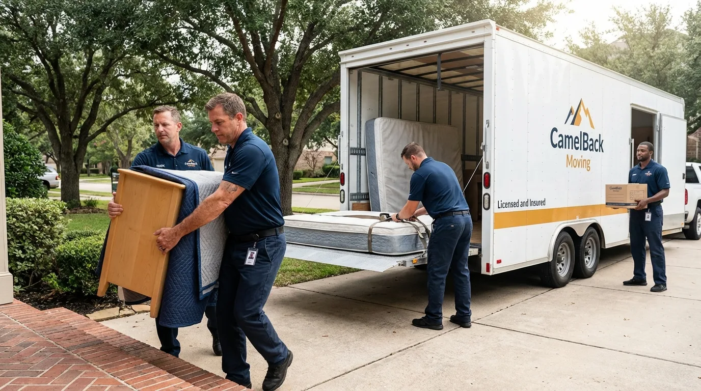 Crew loading residential truck for cross-state move from Madera, CA