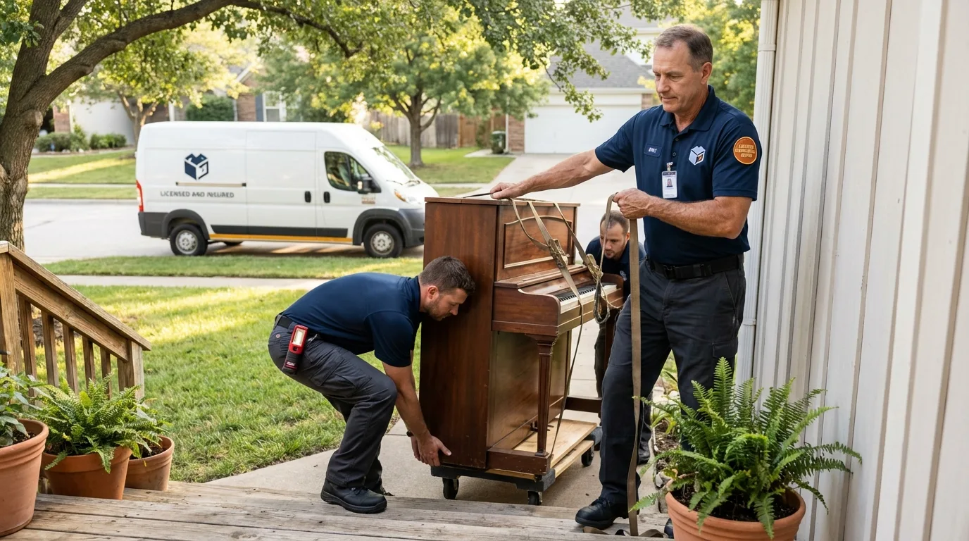 Licensed piano movers securing grand piano in Madera, CA