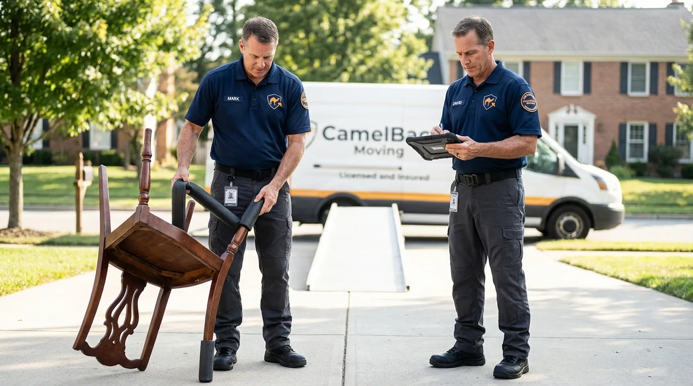Movers inspecting furniture for damage prevention before loading in Madera, CA