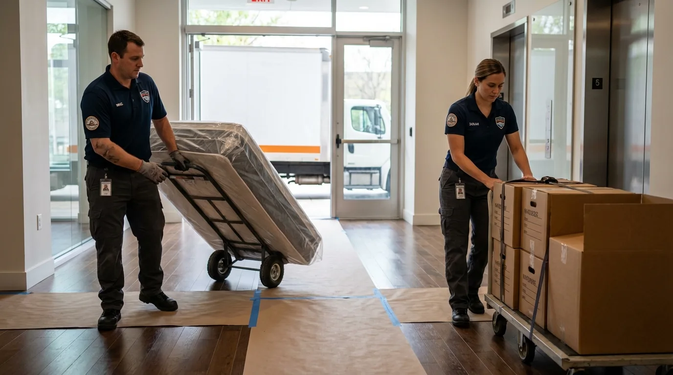 Professional apartment movers loading elevator in Madera, CA