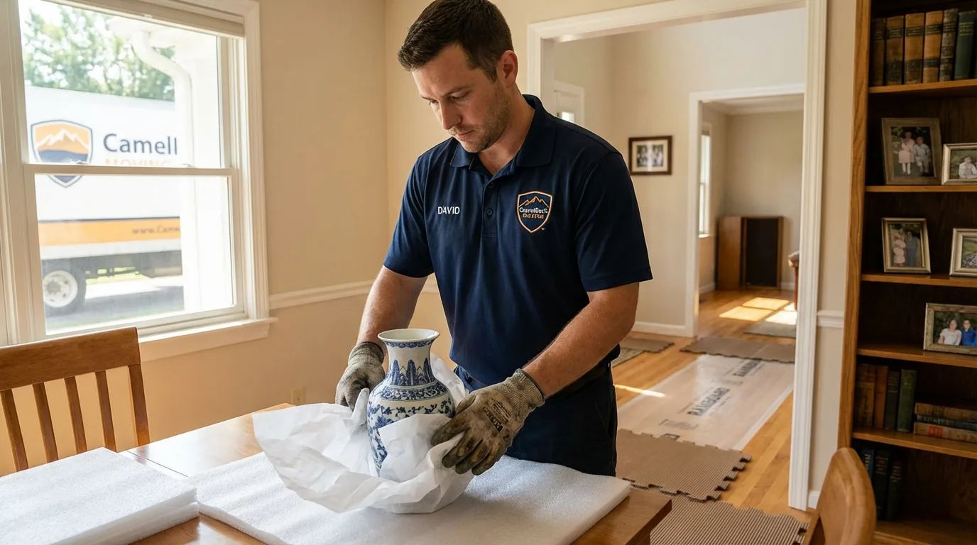 Professional crew carefully wrapping antique vase for senior downsizing move in Madera, CA